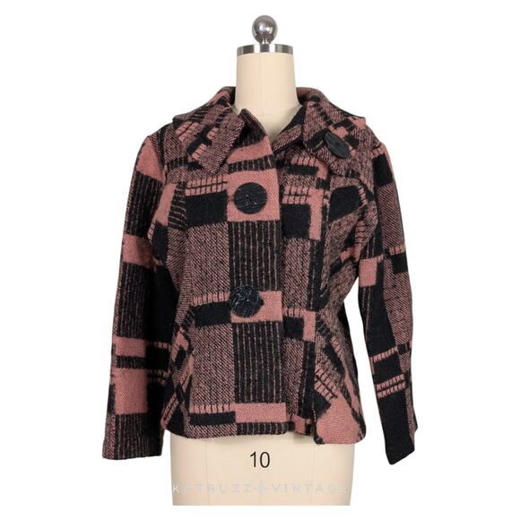 Vintage An Ren Jacket Blazer L Pink Black Wool Blend Artsy Plaid Eclectic Funky - Picture 1 of 8